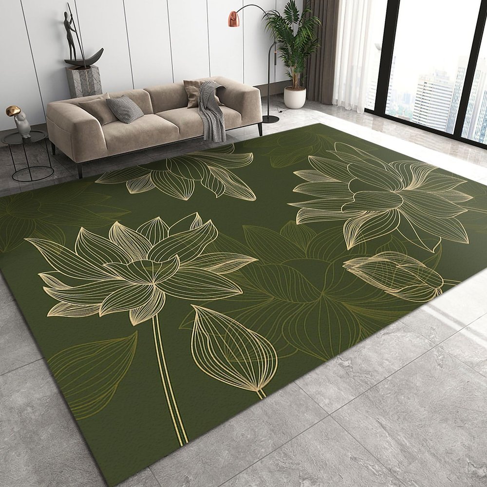 ARRAMU 3x4 Area Rugs Abstract Lines Plants Kids Bedroom Rug, Dark Green Background with Lotus Flowers Bedside Rug Rugged Non Slip for Cafe Living Room Under Table Boys Room Decor