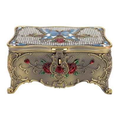 Xcello Vintage Jewelry Box with Lock Engraved Red Roses, Internal Mirror, Soft Velvet Treasure Box for Women Girls