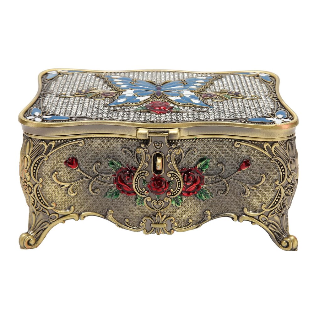 Xcello Vintage Jewelry Box with Lock Engraved Red Roses, Internal Mirror, Soft Velvet Treasure Box for Women Girls