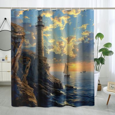 DESIHOM Nautical Lighthouse Shower Curtain Set, Ocean Coast Sunrise Seascape Shower Curtain Retro Sailboat Bathroom Decor Polyester Fabric-72" x 72"