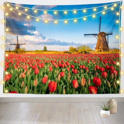Loccor Charming Netherlands Scenery Tapestry 140''x98'' Dutch Holland Colorful Tulip Flowers Field Windmills Wall Hanging for Wedding Honeymoon Travel Theme Tapestry Home Scenery Wall Decor