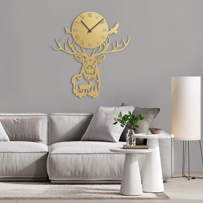 SIGNLEADER Metal Wall Clock Wall Art Decor, Majestic Deer Silhouette Wall Sculpture Clock Silent Battery Operated Hangings Home Decoration for Living Room, Bedroom, Kitchen, Bathroom - 30" Gold