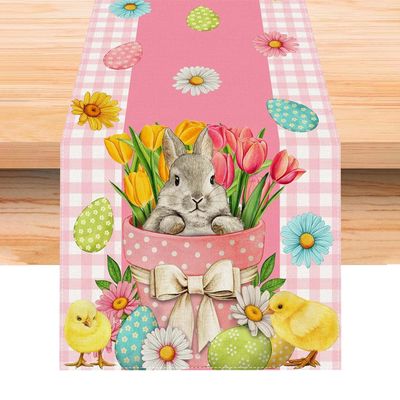 Ysqool Blue/Pink Easter Bunny Table Runner, 72x13 Inch Spring Easter Linen Table Runner, Durable & Stylish Table Decor for Indoor & Outdoor (Pink)