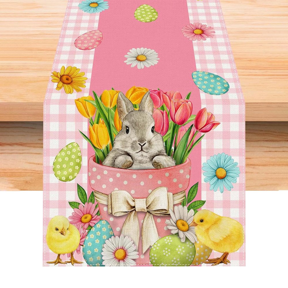 Ysqool Blue/Pink Easter Bunny Table Runner, 72x13 Inch Spring Easter Linen Table Runner, Durable & Stylish Table Decor for Indoor & Outdoor (Pink)