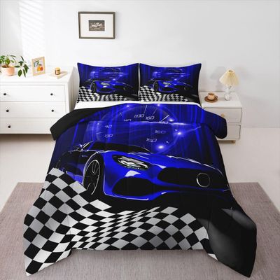 Erosebridal Blue Race Car Comforter Set for Youth Boys,Glitter Ombre Line Art Bedding Set Neon Light Sports Car Dashboard Quilt Twin,Black and White Grid Lattice Buffalo Plaid Decor