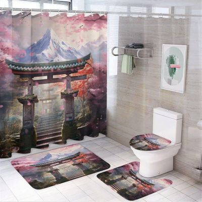 HOMCURSH Brebasf Aesthetics Japanese Cherry Blossom 4 Pcs Waterproof Shower Curtains Set,Watercolor Ancient Japan Snow Mountain Torii Shower Curtains Shower Rugs Mat Toilet Cover-72 W X 72" L