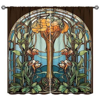 Abstract Glass Curtains, Stained Glass Arch Window Vintage Orange and Yellow Flowers Leaves Print Blackout Window Treatments for Bedroom Living Room 42x45 Inch
