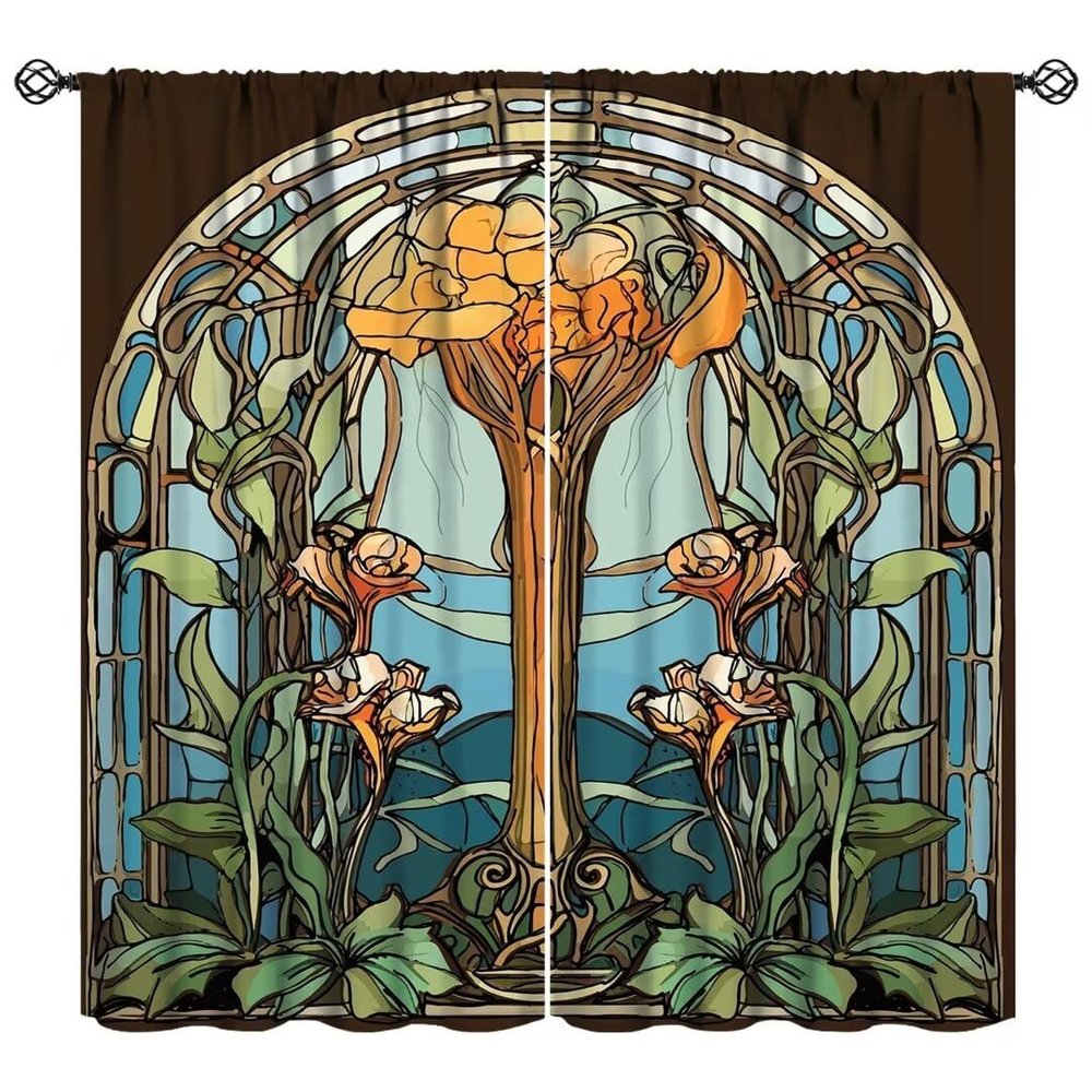 Abstract Glass Curtains, Stained Glass Arch Window Vintage Orange and Yellow Flowers Leaves Print Blackout Window Treatments for Bedroom Living Room 42x45 Inch
