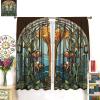 Abstract Glass Curtains, Stained Glass Arch Window Vintage Orange and Yellow Flowers Leaves Print Blackout Window Treatments for Bedroom Living Room 42x45 Inch view 3