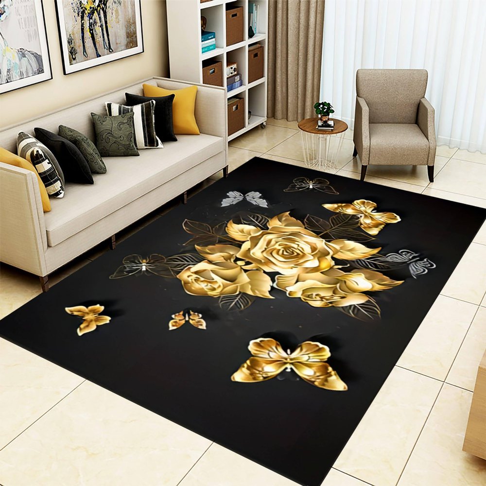 LHOMKCV Gold Rose Area Rug, 3x5ft, Modern Luxury Gold Roses Butterfly Print Rug, Romantic Valentine's Day Indoor Rugs, Washable, Non-Slip Black Floor Mat for Living Room Bedroom Valentines Home Decors