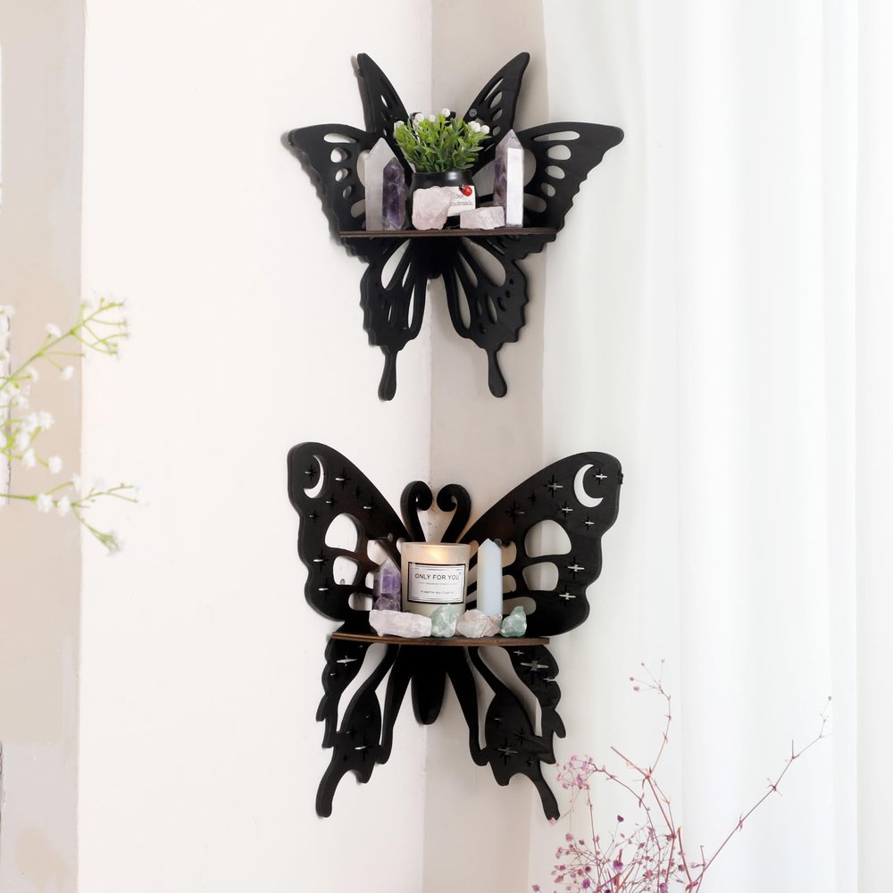Artilady Butterfly Crystal Shelf - Floating Corner Shelves for Wall, Bedroom Crystal Display Shelf Boho Cute Bathroom Kitchen Office Living Room Aesthetic Witchy Decor Gift Women (2 PCS)