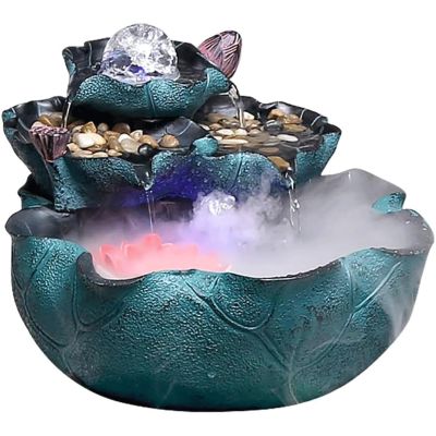 Fountain Lotus Tiering Fountain, Ceramic Tabletop Fountain with Spinning Orb Rock and LED Light, Atomization Humidifier Water Fountains Creative