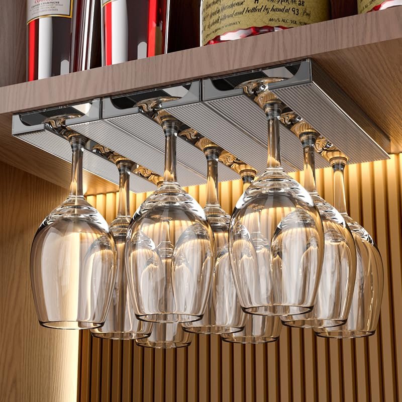Vaisoeny Wine Glass Holder, 2 Pack, Translucent Plastic, Under Cabinet Storage Rack for Kitchen and Bar (Grey)