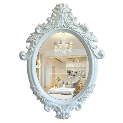 Oval Vintage Decorative Wall Mirror, Crown Wooden Frame Hanging Mirror, Antique Makeup Mirror for Bedroom Living-Room (Color : White, Size : 48x74cm/19x29in)