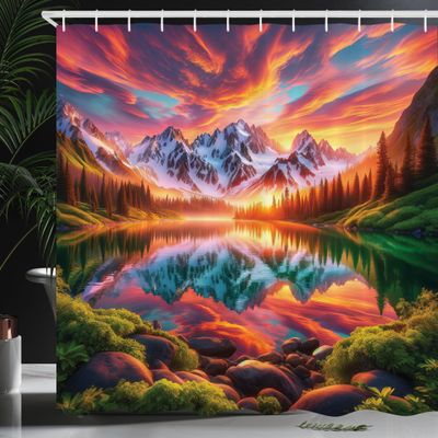 Ambesonne Lake Shower Curtain, Colorful Mesmerizing Scenery Sunset Reflections Dramatic Forest Mountain, Cloth Fabric Bathroom Decor Set with Hooks, 69" W x 75" L, Burnt Sienna Green Teal