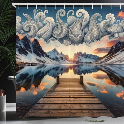 Ambesonne Lake Shower Curtain, Sunset Over Snowy Mountains and Pier Traditional Paisley Motifs in The Sky, Cloth Fabric Bathroom Decor Set with Hooks, 69" W x 84" L, Slate Blue and Peach