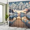 Ambesonne Lake Shower Curtain, Sunset Over Snowy Mountains and Pier Traditional Paisley Motifs in The Sky, Cloth Fabric Bathroom Decor Set with Hooks, 69" W x 84" L, Slate Blue and Peach view 2