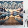 Ambesonne Lake Shower Curtain, Sunset Over Snowy Mountains and Pier Traditional Paisley Motifs in The Sky, Cloth Fabric Bathroom Decor Set with Hooks, 69" W x 84" L, Slate Blue and Peach view 3