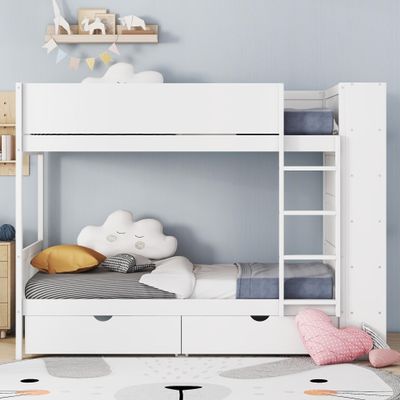 Acosure Twin Over Twin Bunk Bed with 2 Storage Drawers and Multi-Layer Cabinet,Bedroom Solid Wooden Bed Frame W/Ladder,Security Guardrail,Headboard & Footboard,for Kids Teens Boys Girls,White