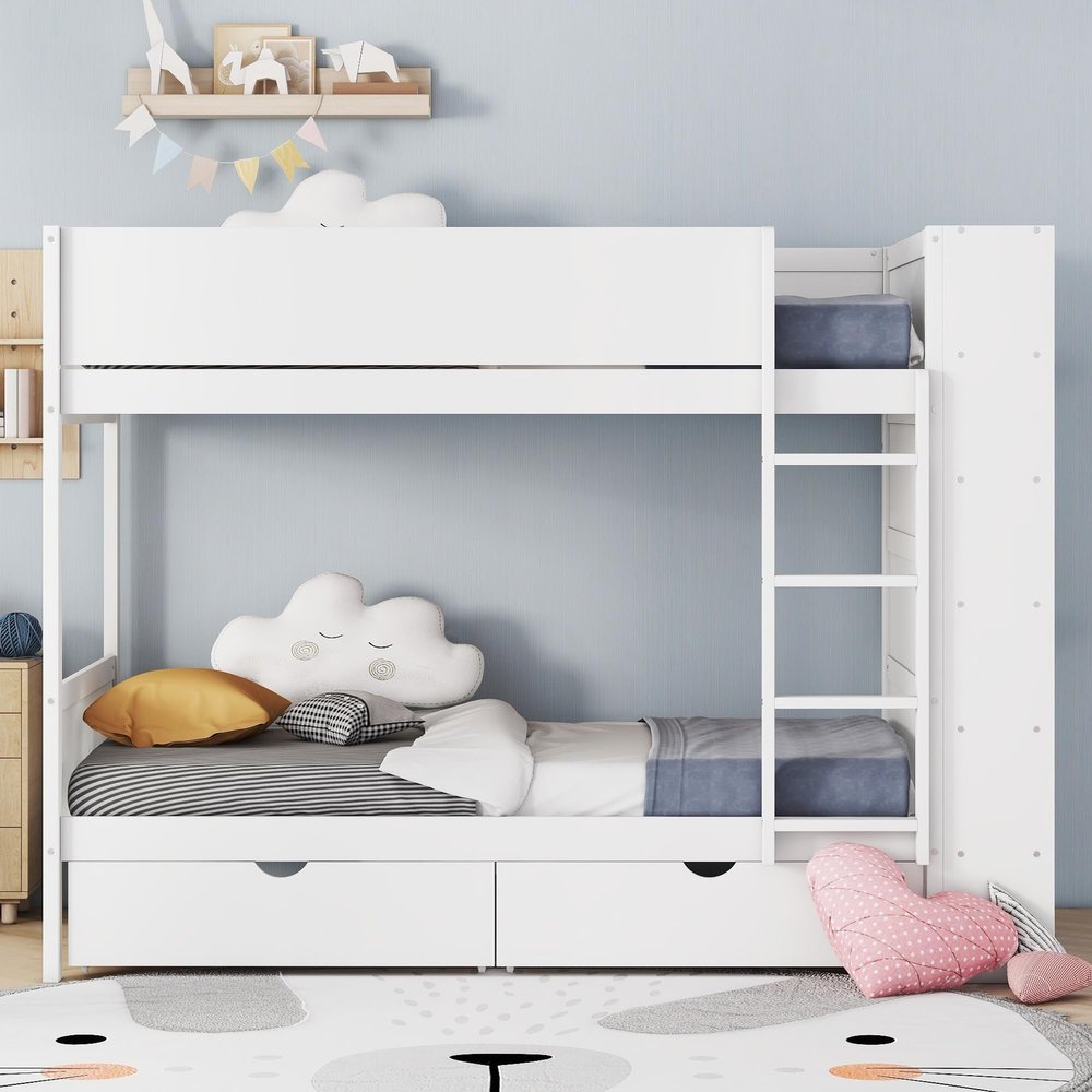 Acosure Twin Over Twin Bunk Bed with 2 Storage Drawers and Multi-Layer Cabinet,Bedroom Solid Wooden Bed Frame W/Ladder,Security Guardrail,Headboard & Footboard,for Kids Teens Boys Girls,White