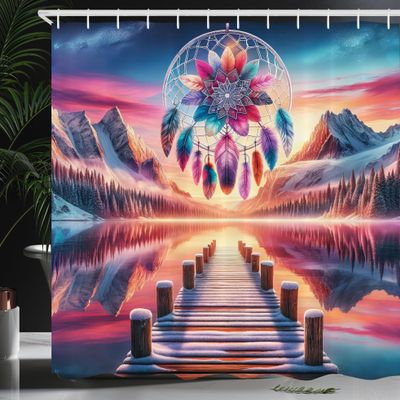 Ambesonne Lake Shower Curtain, Pure Wild Mountains Sunset Sky Dreamcatcher Feathers in Psychedelic Colors, Cloth Fabric Bathroom Decor Set with Hooks, 69" W x 75" L, Pink Peach and Teal