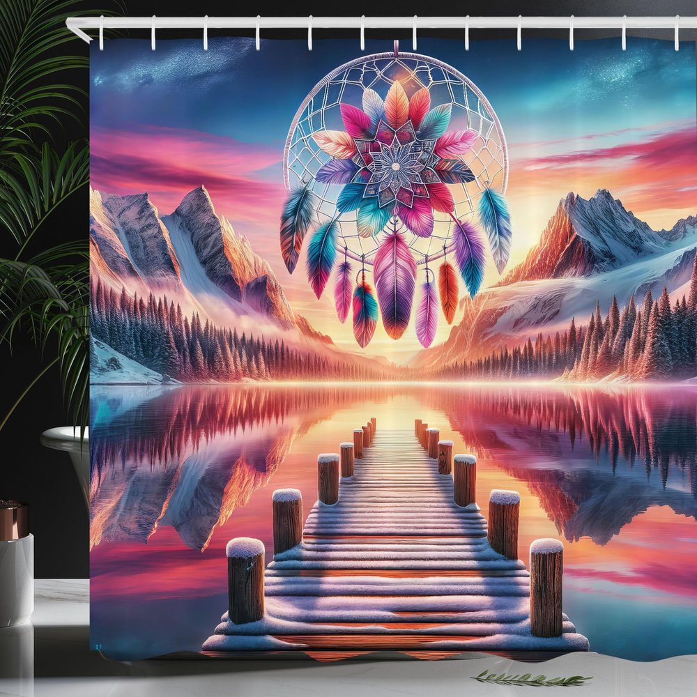 Ambesonne Lake Shower Curtain, Pure Wild Mountains Sunset Sky Dreamcatcher Feathers in Psychedelic Colors, Cloth Fabric Bathroom Decor Set with Hooks, 69" W x 75" L, Pink Peach and Teal