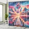 Ambesonne Lake Shower Curtain, Pure Wild Mountains Sunset Sky Dreamcatcher Feathers in Psychedelic Colors, Cloth Fabric Bathroom Decor Set with Hooks, 69" W x 75" L, Pink Peach and Teal view 2