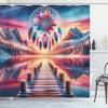 Ambesonne Lake Shower Curtain, Pure Wild Mountains Sunset Sky Dreamcatcher Feathers in Psychedelic Colors, Cloth Fabric Bathroom Decor Set with Hooks, 69" W x 75" L, Pink Peach and Teal view 3