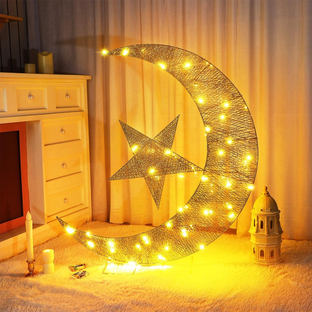 Glooglitter Pre-lit Eid Mubarak Decorations for Home Metal Eid Star Moon Crescent Light Ramadan Decorations Outdoor Lighted Night Lamp Sign with LED String for Yard Lawn Pathway