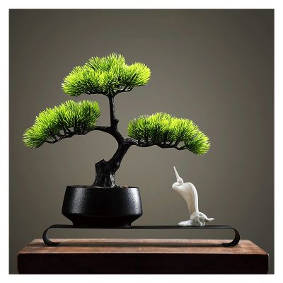 Artificial Bonsai Tree 9 Inches Faux Bonsai Pine Tree, Fake Plants White Crane Bottom Shelf Ceramic Potted Tree,Artificial Cedar Bonsai Used for Indoor/Outdoor Artificial Plants Indoor Fake Plants Bon