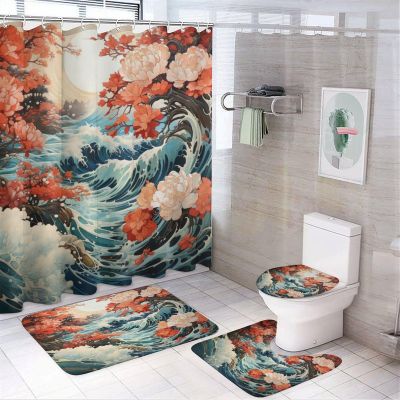 HOMCURSH Brebasf Abstract Japanese Cherry Blossom Shower Curtains Set 4 Pcs,Fantasy Ancient Japan Sun Great Wave Cherry Blossom Bathroom Curtains Non-Slip Rugs Bath Mat Toilet Lid Cover-72 W X 72" L