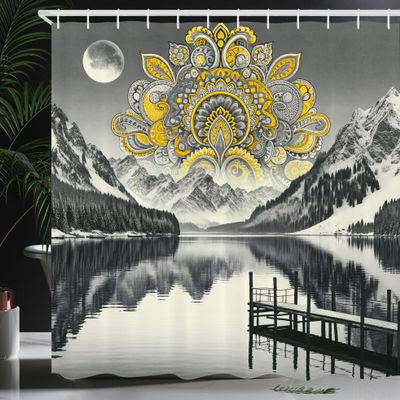 Ambesonne Lake Shower Curtain, Mandala Inspired Motif and Mountains Panorama in Grayscale Achromatic Colors, Cloth Fabric Bathroom Decor Set with Hooks, 69" W x 70" L, Yellow and Grey