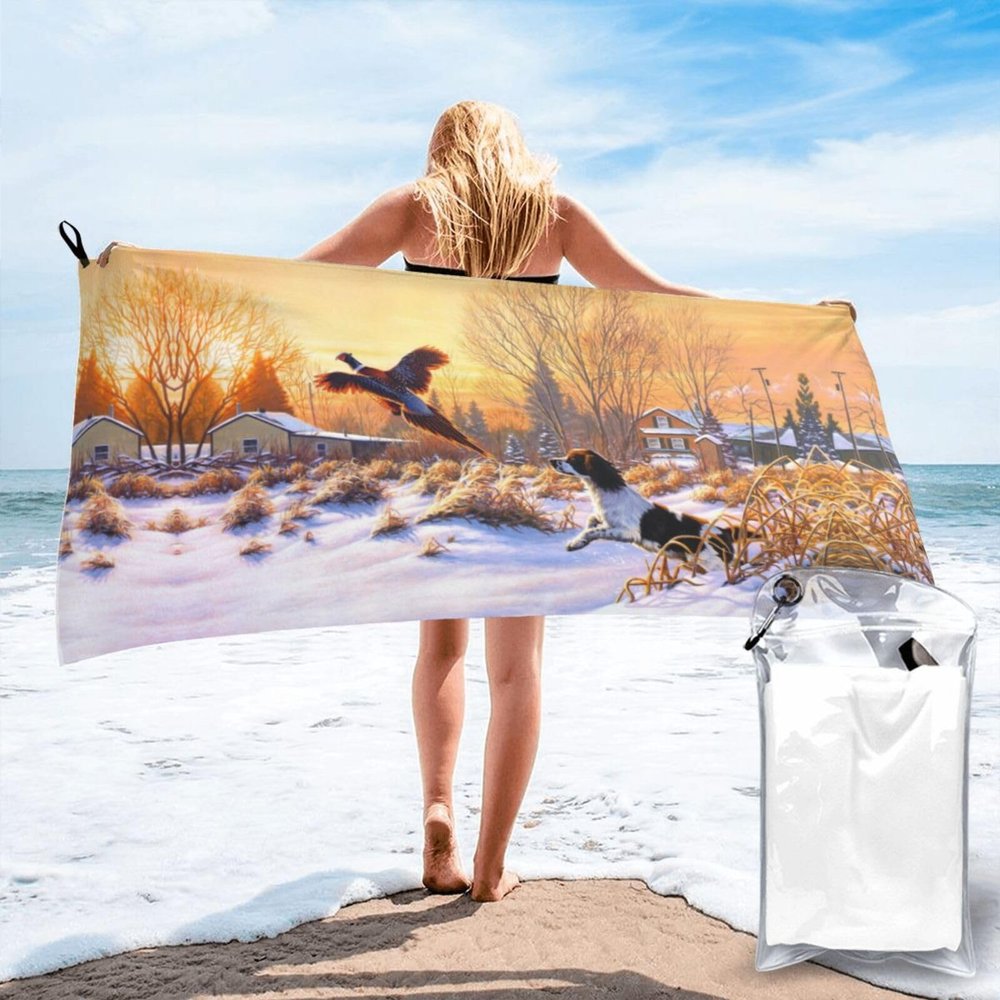 AMAZWI Dog Catching Pheasant Bath Towels, Quick Dry Absorbent Lightweight Towel Beach Towel Sports Towel for for Women & Men