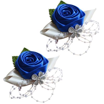 Arlai 2 pcs Rhinestone Leaves Pearl Decoration Hand Flower, Wedding Prom Party Satin Rose Wrist Corsage Flower - Dark Blue Artificial Flowers Party Wrist Accessory