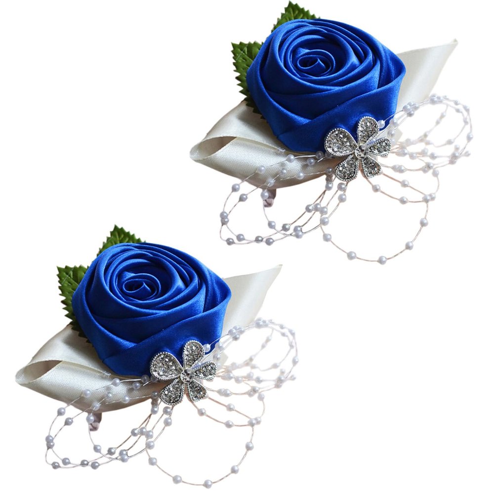 Arlai 2 pcs Rhinestone Leaves Pearl Decoration Hand Flower, Wedding Prom Party Satin Rose Wrist Corsage Flower - Dark Blue Artificial Flowers Party Wrist Accessory