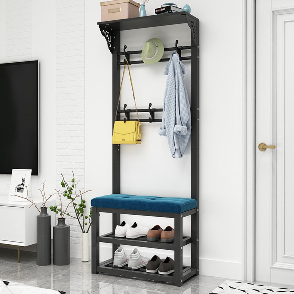 3-in-1 Entryway Coat Rack Hall Tree With Shoe Bench Bench Free Standing Clothes Hat Rack With Metal Frame Entryway Storage Shelf Organizer For Hallway Entryway Living Room (Size:60 * 30 * 172cm)