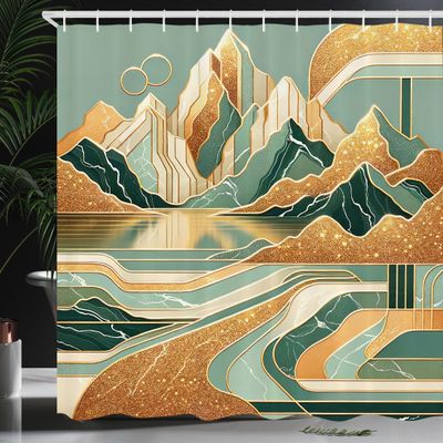 Ambesonne Mid Century Modern Boho Shower Curtain, Landscape Inspired Cloudy Mountains Geometric Shape, Cloth Fabric Bathroom Decor Set with Hooks, 69" W x 70" L, Amber Teal Burnt Orange