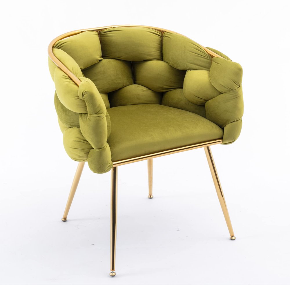 SPOFLYINN Accent Gold Legs Leisure Single Sofa, Knitting Process, Lazy Person Household Dresser Stool, Stylish Cosmetic Chair for Living Room, Bedroom, Office Oval 1 22.44 Olive Green Velvet 1