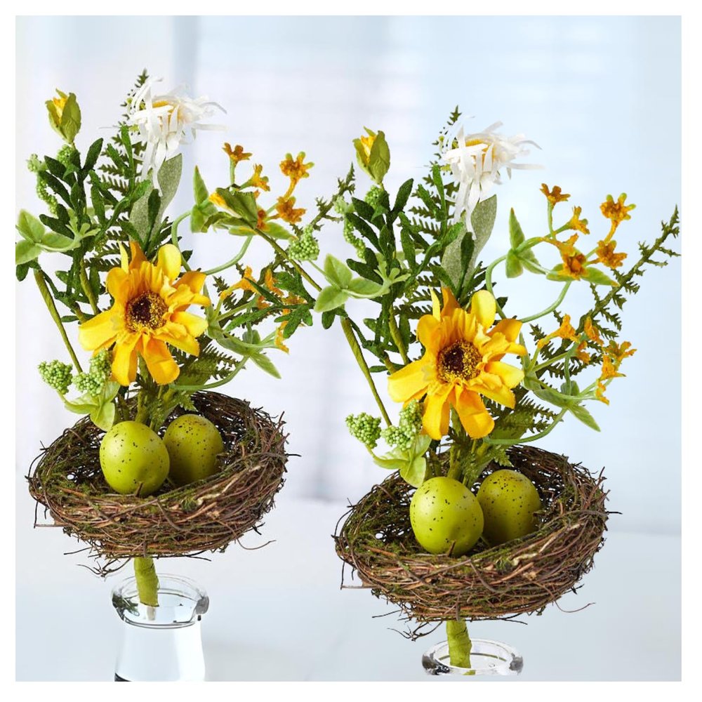 Factory Direct Craft Artificial Daisy Foliage and Nest Stems Set of 2 Pieces - Fake Nest with Eggs and Daisies Picks for Easter Decorating and Spring Displays (4 Inches Dia, 16 Inches High)