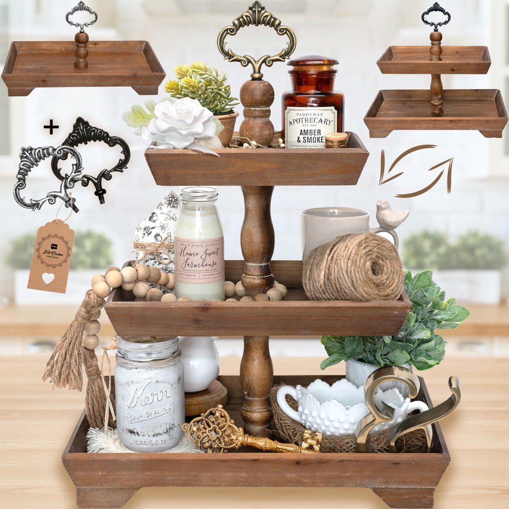 3 Tier Serving Tray [3 in 1] - Gorgeous Coffee Table Tray [Includes 3 Changeable Handles] - Can Assemble into a 1, 2 or 3 Tier Decor - Kitchen Table Centerpiece - Rectangle Wooden Serving Stand
