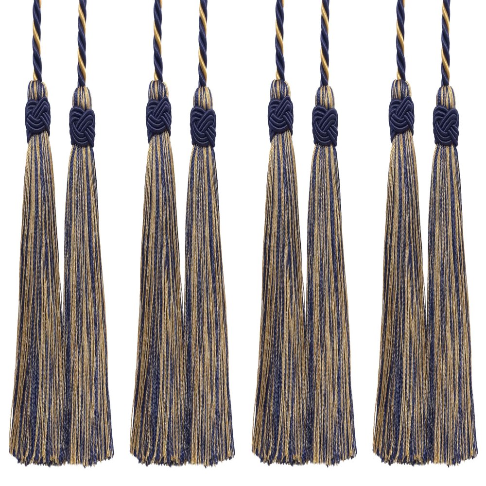 DCOPRO Imperial Collection Double Tassel Curtain and Drapery Tieback/Holdback 4" Tassel (10cm) 26" Spread (66cm) # ICT Nautical Gold #1152 (Light Gold Yellow Gold Navy Blue) Set of 4