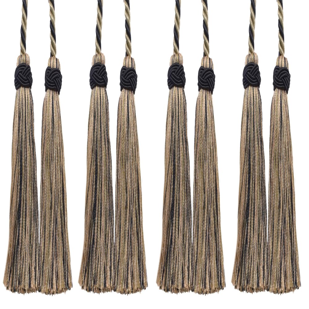 DCOPRO Imperial Collection Double Tassel Curtain and Drapery Tieback / Holdback, 4" (10cm), 26" (66cm) # ICT, Tan Beige Black #4363 (Pure Black, Tan, Light Beige) Set of 4