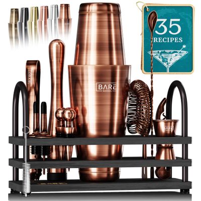 BARE BARREL Mixology Bartender Kit Bar Set | 14-Piece Cocktail Shaker Set | Martini Barware Mixing Tools for Home Bartending | 35 Recipe Cards | Gift Set (28oz Boston Shaker, Copper/Black)