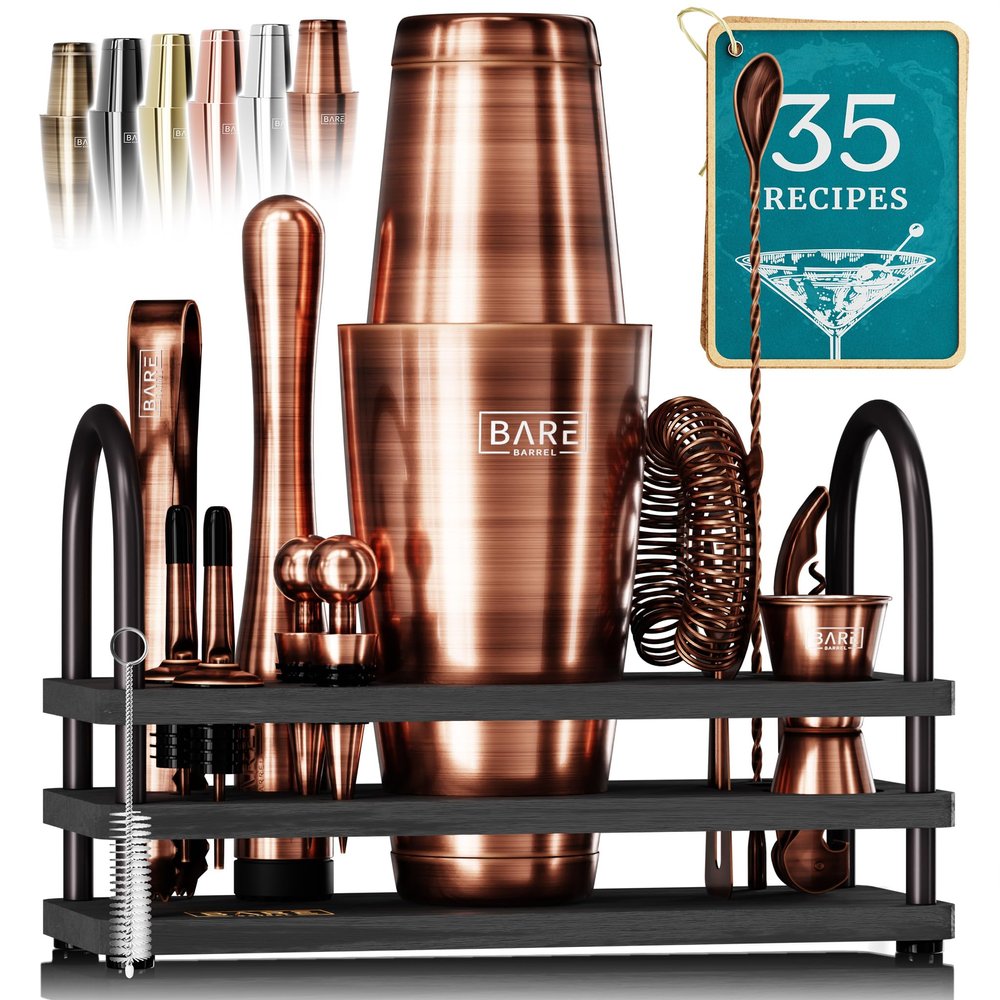 BARE BARREL Mixology Bartender Kit Bar Set | 14-Piece Cocktail Shaker Set | Martini Barware Mixing Tools for Home Bartending | 35 Recipe Cards | Gift Set (28oz Boston Shaker, Copper/Black)