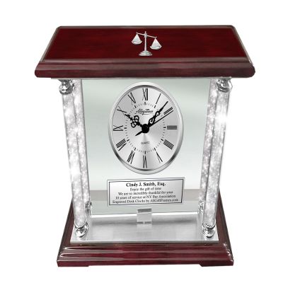 AllGiftFrames Best Law Gifts Personalize engrave Desk Clock Law Scale Logo Four Diamond Columns Silver Attorney Law Student Graduate Award Congratulation