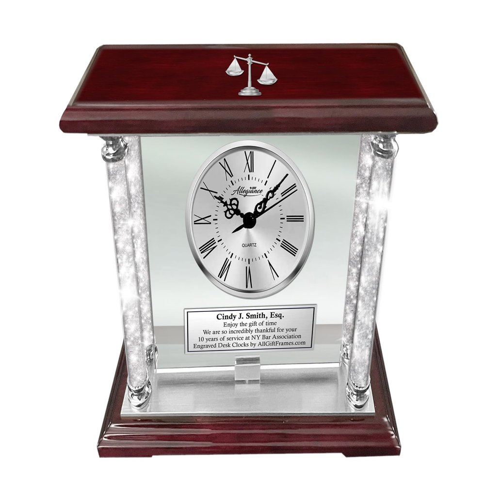 AllGiftFrames Best Law Gifts Personalize engrave Desk Clock Law Scale Logo Four Diamond Columns Silver Attorney Law Student Graduate Award Congratulation