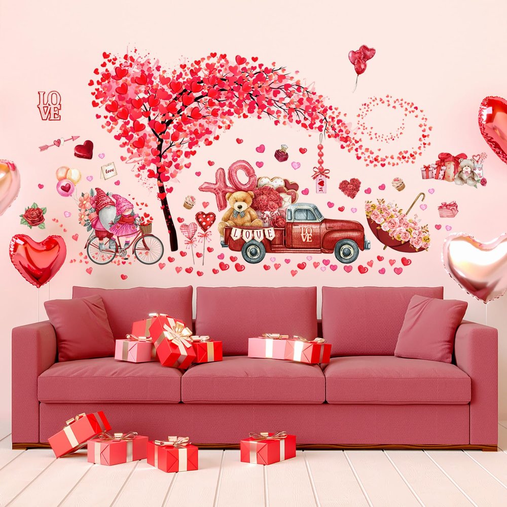 2 Sheets Valentine's Day Wall Decals Heart Tree Red Truck Valentines Day Wall Stickers Romantic Love Heart Wall Decor Home Bedroom Decor for Couple Living Room Kitchen Window Wedding Anniversary Art