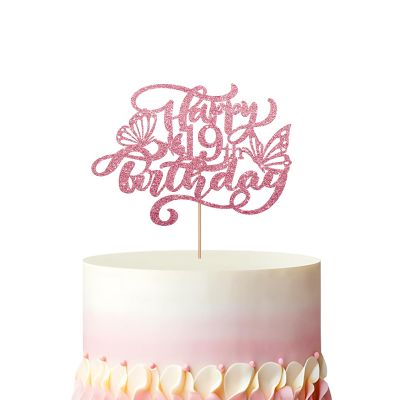 Butterfly Happy 19th Birthday Cake Topper, Butterfly 19 Cake Topper for Women, Rose Gold Glitter 19 Years Old Cake Decor, Women 19th Birthday Party Decoration