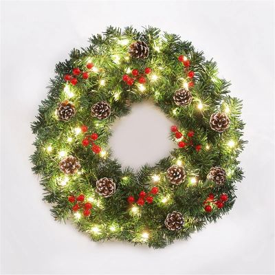 FALKIN 60CM Handmade Christmas Wreath Simulation Ornaments Pine Ring Needle Flower PVC Home Window Door Hanging Decor (Color : A)