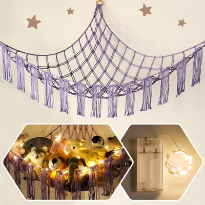 RelaxScene Stuffed Animal Hammock Corner with LED Light - Toy Storage Hammock Plushie Net Organizer - Teddy Bear Stuffy Hammock - Purple Nursery Decor Baby Kids Bedroom Nursery Furniture